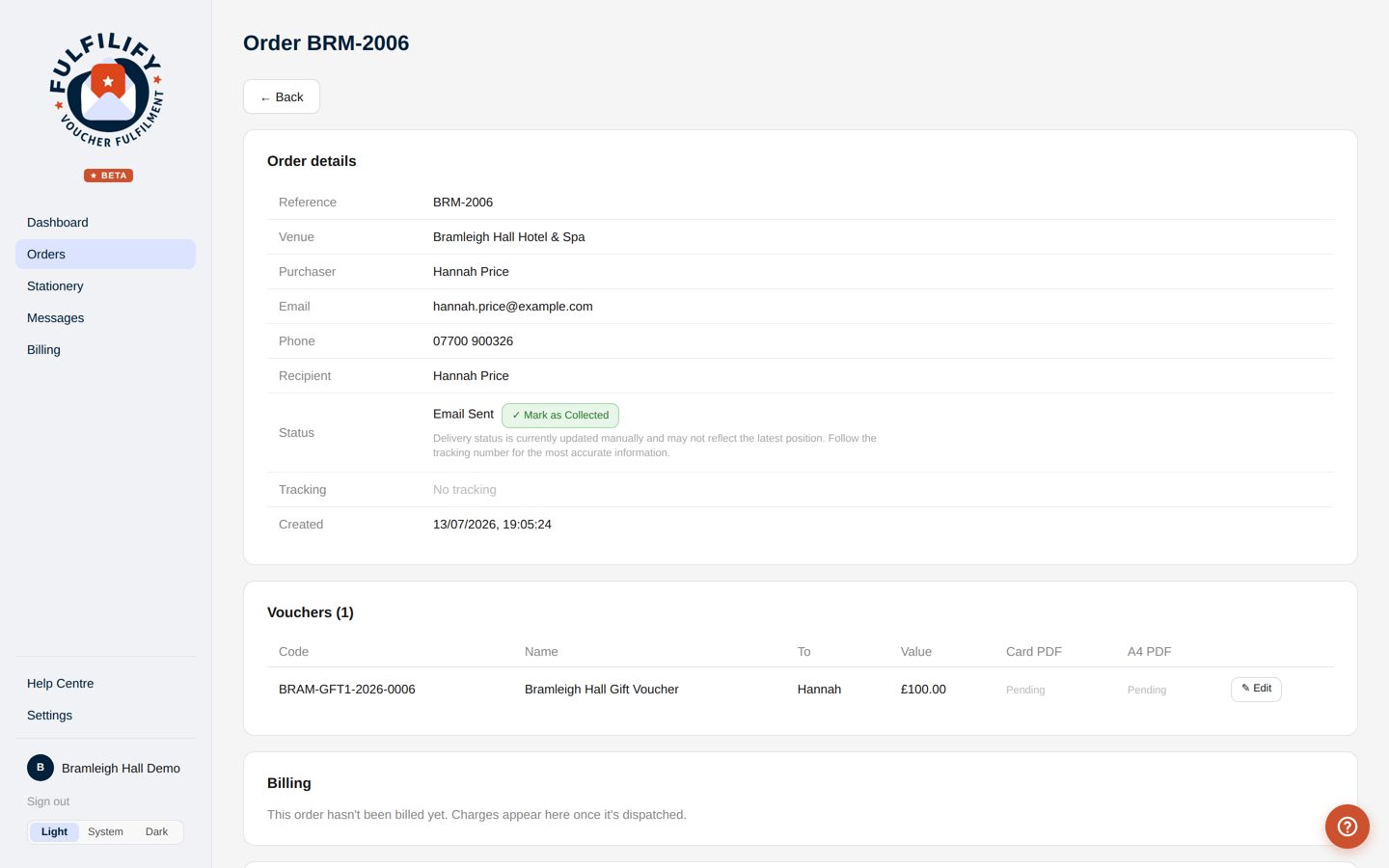A collection order marked Emailed in the order list alongside postal orders