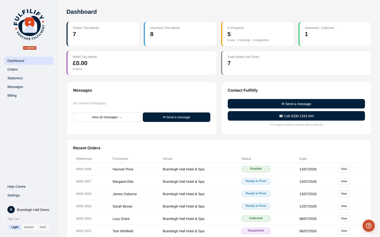 Fulfilify portal dashboard showing orders, statuses and billing for a demo venue