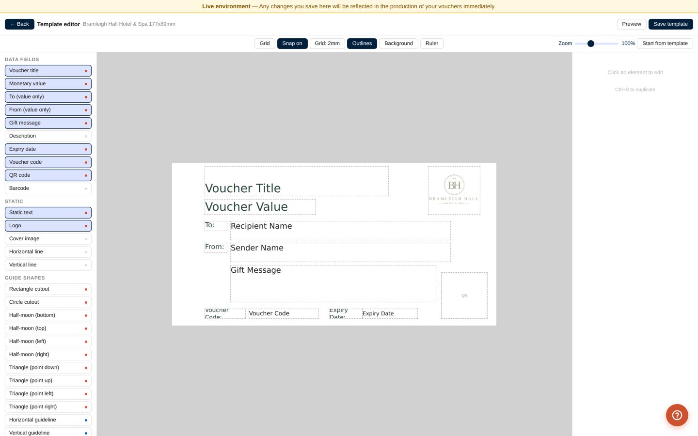 Voucher design canvas with a live template