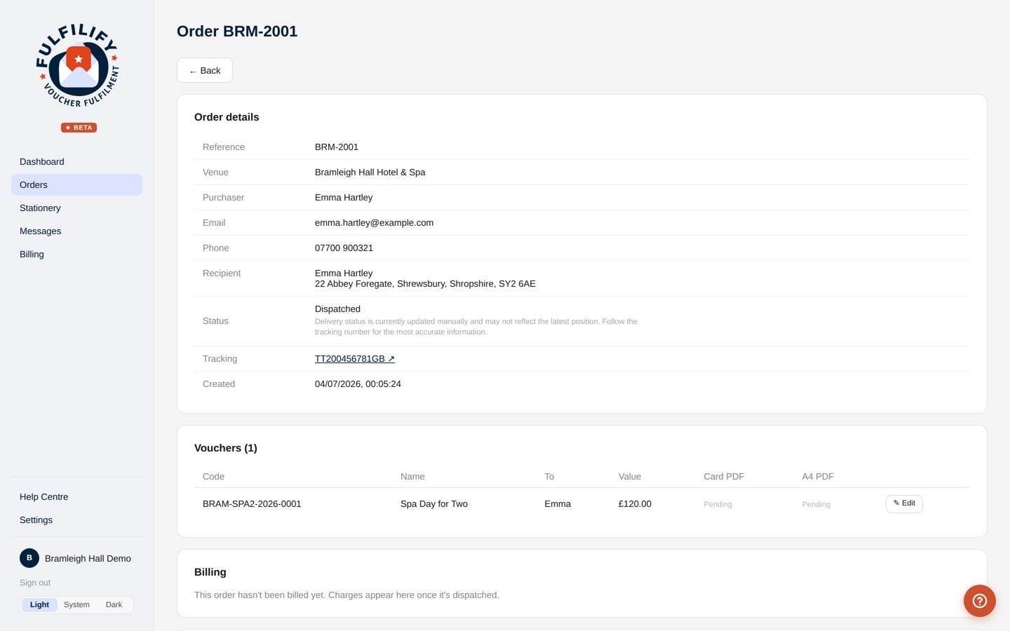 Order detail with a Royal Mail tracking link