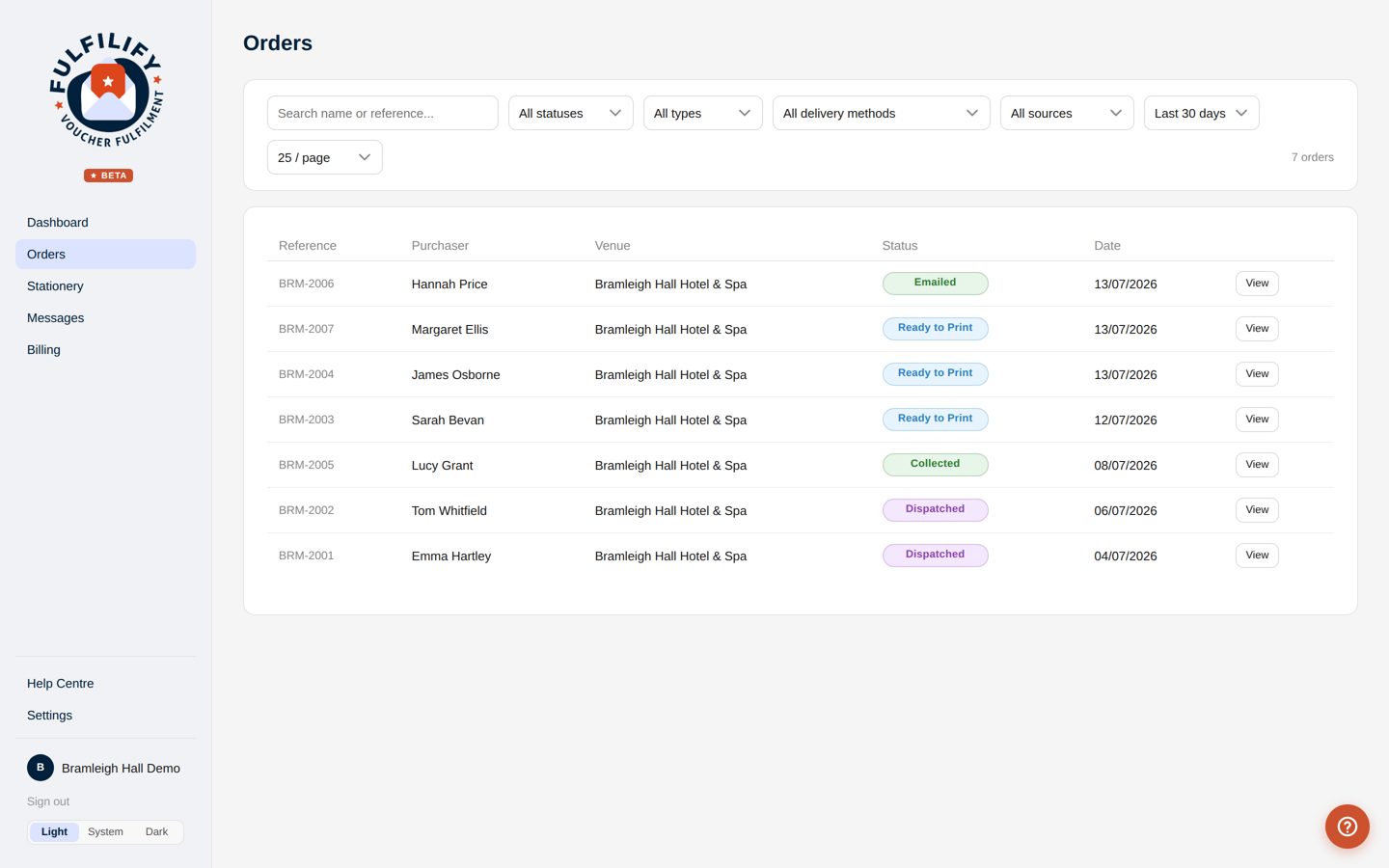 Orders list with statuses from new to dispatched