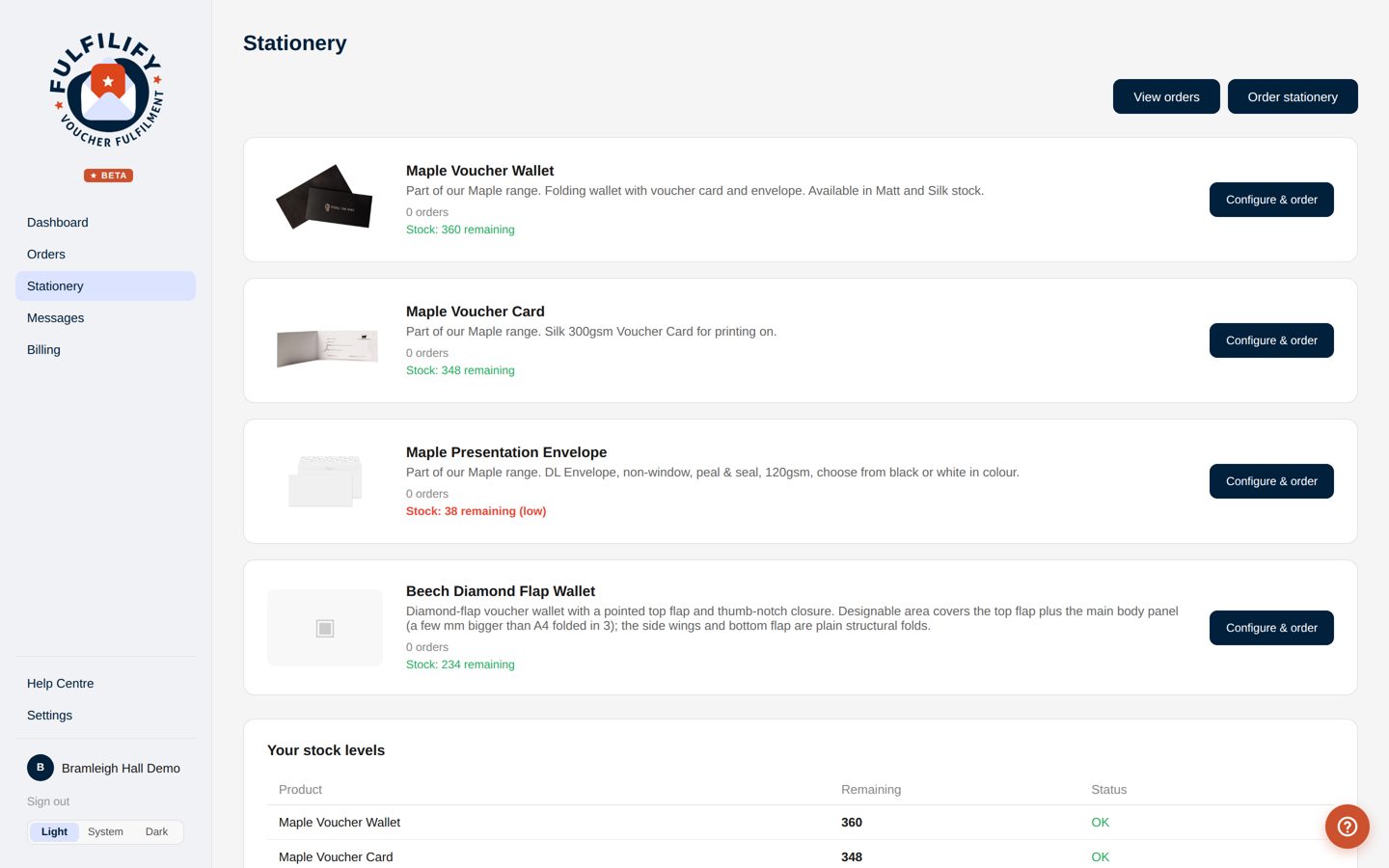 Stationery stock levels with a low stock warning