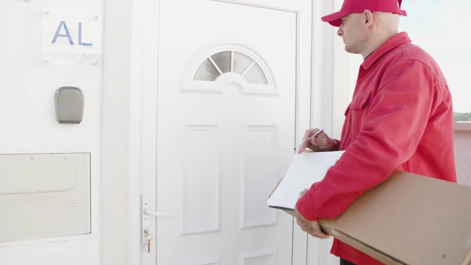 A courier delivering a parcel to a front door